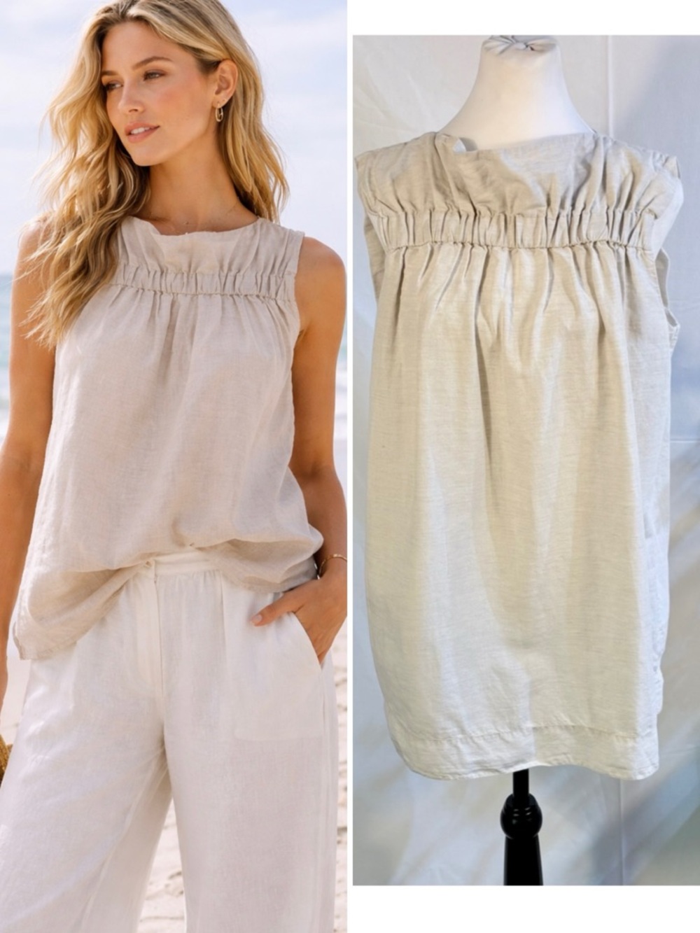 COS Ruffle Neck Linen Blend Sleeveless Top Oatmeal Size 10💛